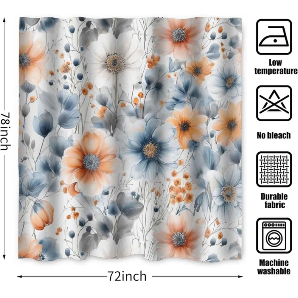 Floral Shower Curtain - Blue, Orange, Gray